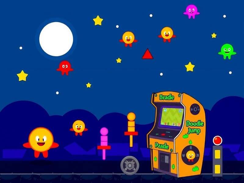 A stylized illustration of the Doodle Jump character leaping between platforms with coins and springs