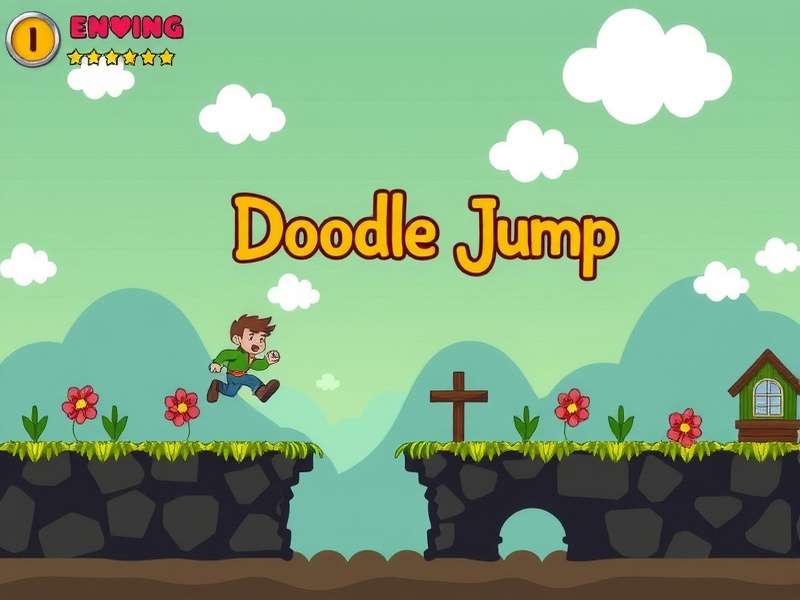 Doodle Jump character reaching for a high score in space with monsters below