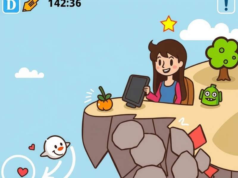 A hand holding a smartphone playing a colorful jumping game reminiscent of Doodle Jump