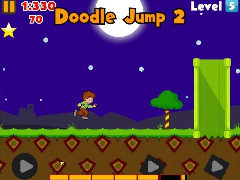 Gameplay screenshot of Doodle Jump 2 Level 5 showing complex platform patterns