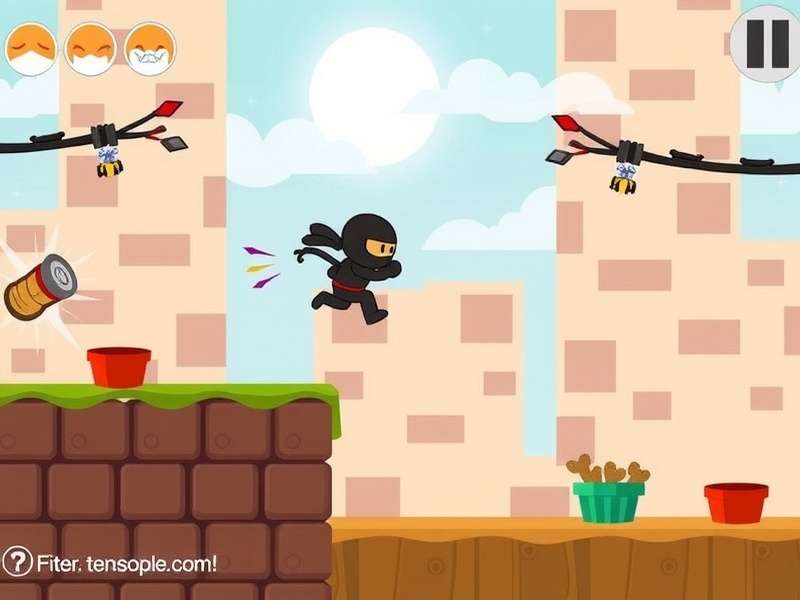 Doodle Jump Ninja gameplay screenshot showing the ninja character leaping across floating platforms with a dynamic background