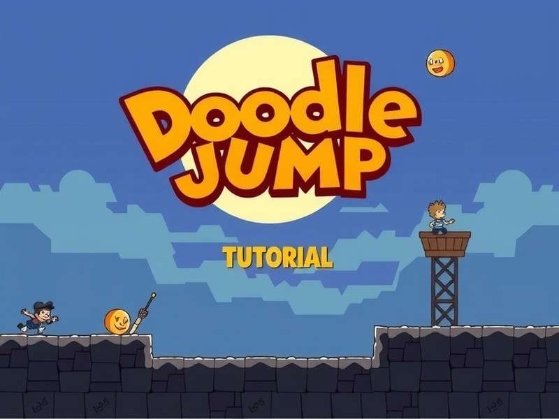 Doodle Jump tutorial featuring the classic doodle character hopping across colorful platforms with power-ups and enemies.