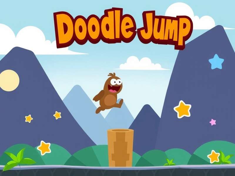 Doodle Jump Game character jumping across colorful platforms in an endless vertical world