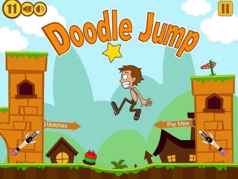 Doodle Jump Online gameplay screenshot showing the iconic jumper ascending platforms with power-ups and monsters.
